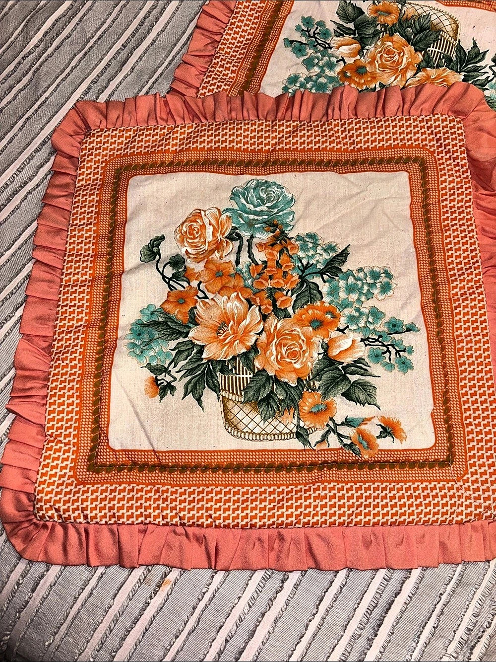 Vintage Quilted Floral Pillow Shams Peach Orange Ruffle Set of 2 Cottagecore